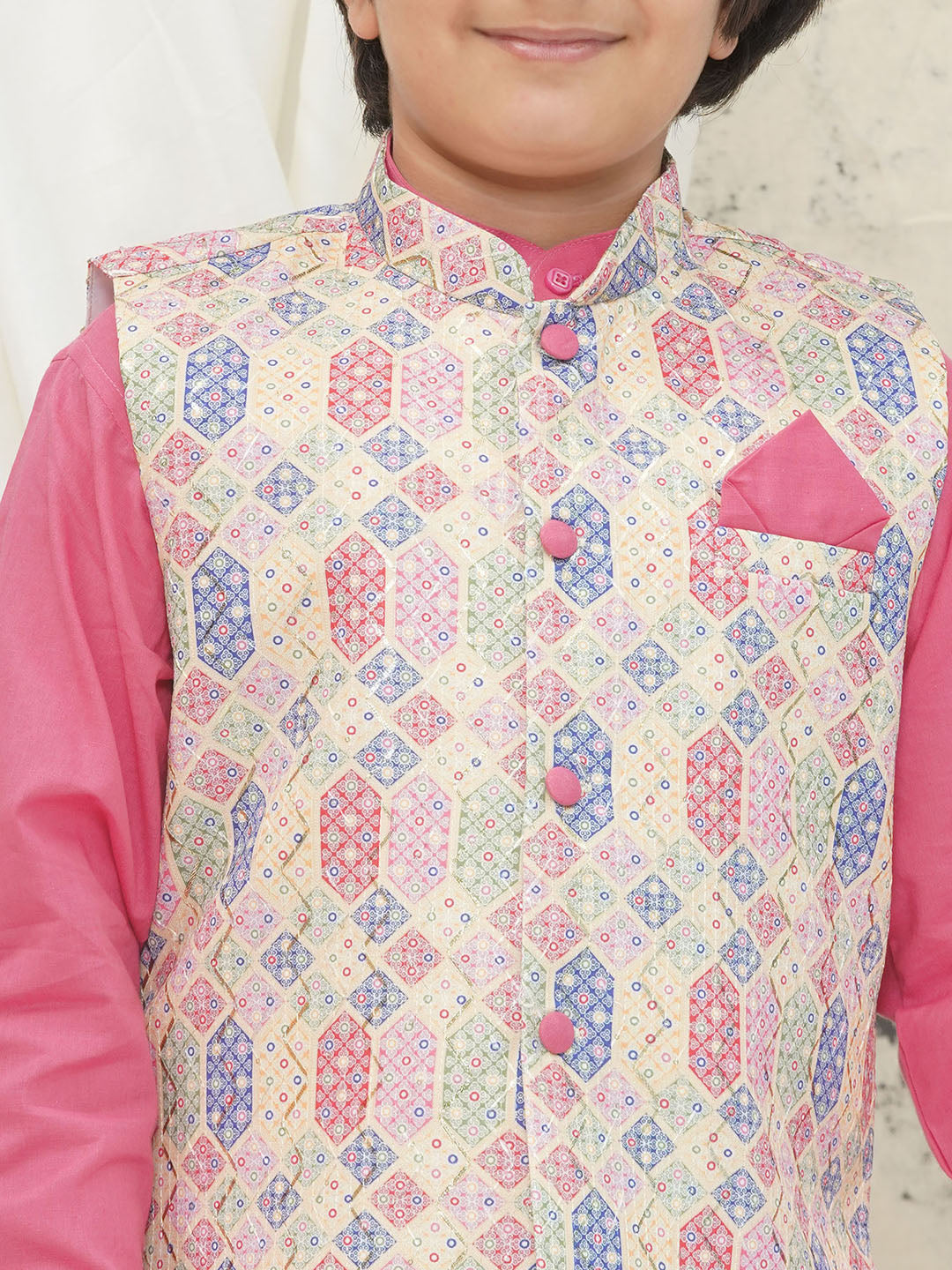 Pink Cotton Full sleeves Abstract Kurta Pyjama Waistcoat for Boys - AJ Dezines