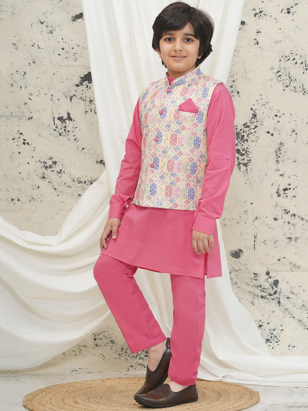Pink Cotton Full sleeves Abstract Kurta Pyjama Waistcoat for Boys - AJ Dezines