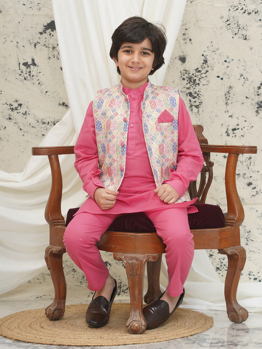 Pink Cotton Full sleeves Abstract Kurta Pyjama Waistcoat for Boys - AJ Dezines