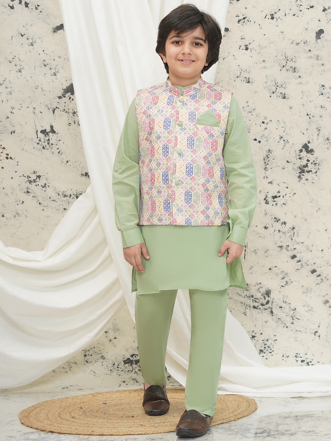 Pista Cotton Full sleeves Abstract Kurta Pyjama Waistcoat for Boys - AJ Dezines