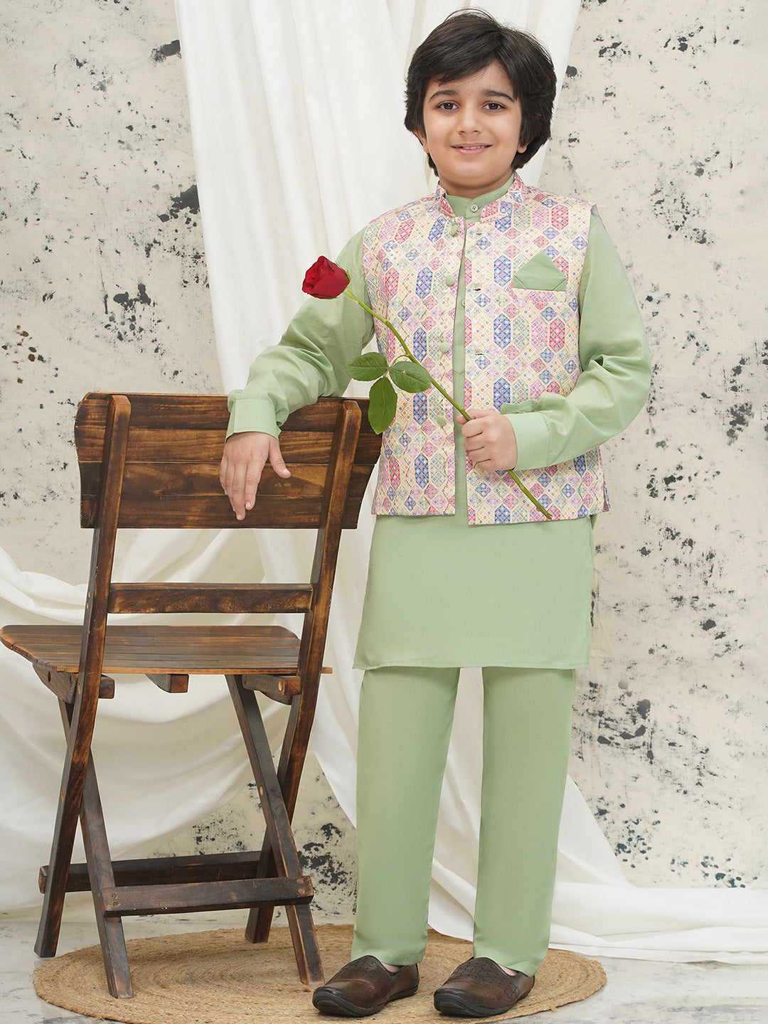 Pista Cotton Full sleeves Abstract Kurta Pyjama Waistcoat for Boys - AJ Dezines