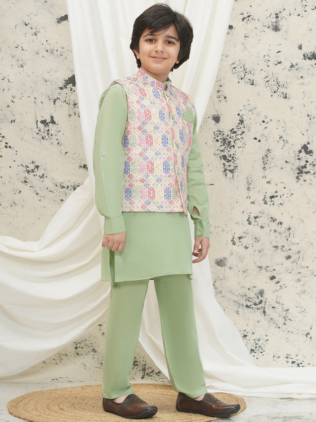 Pista Cotton Full sleeves Abstract Kurta Pyjama Waistcoat for Boys - AJ Dezines