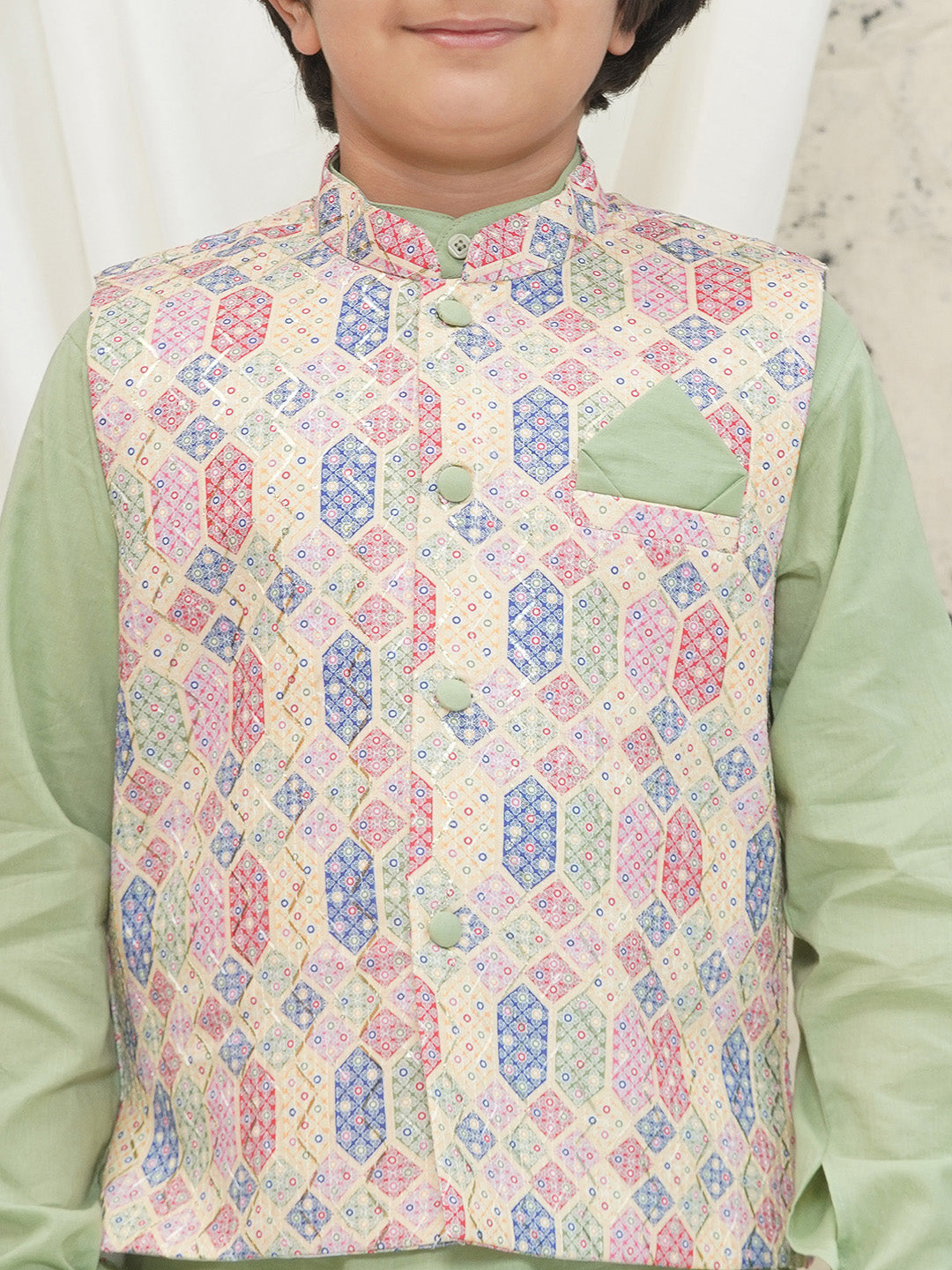 Pista Cotton Full sleeves Abstract Kurta Pyjama Waistcoat for Boys - AJ Dezines