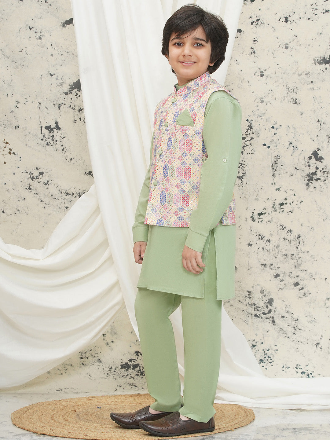 Pista Cotton Full sleeves Abstract Kurta Pyjama Waistcoat for Boys - AJ Dezines