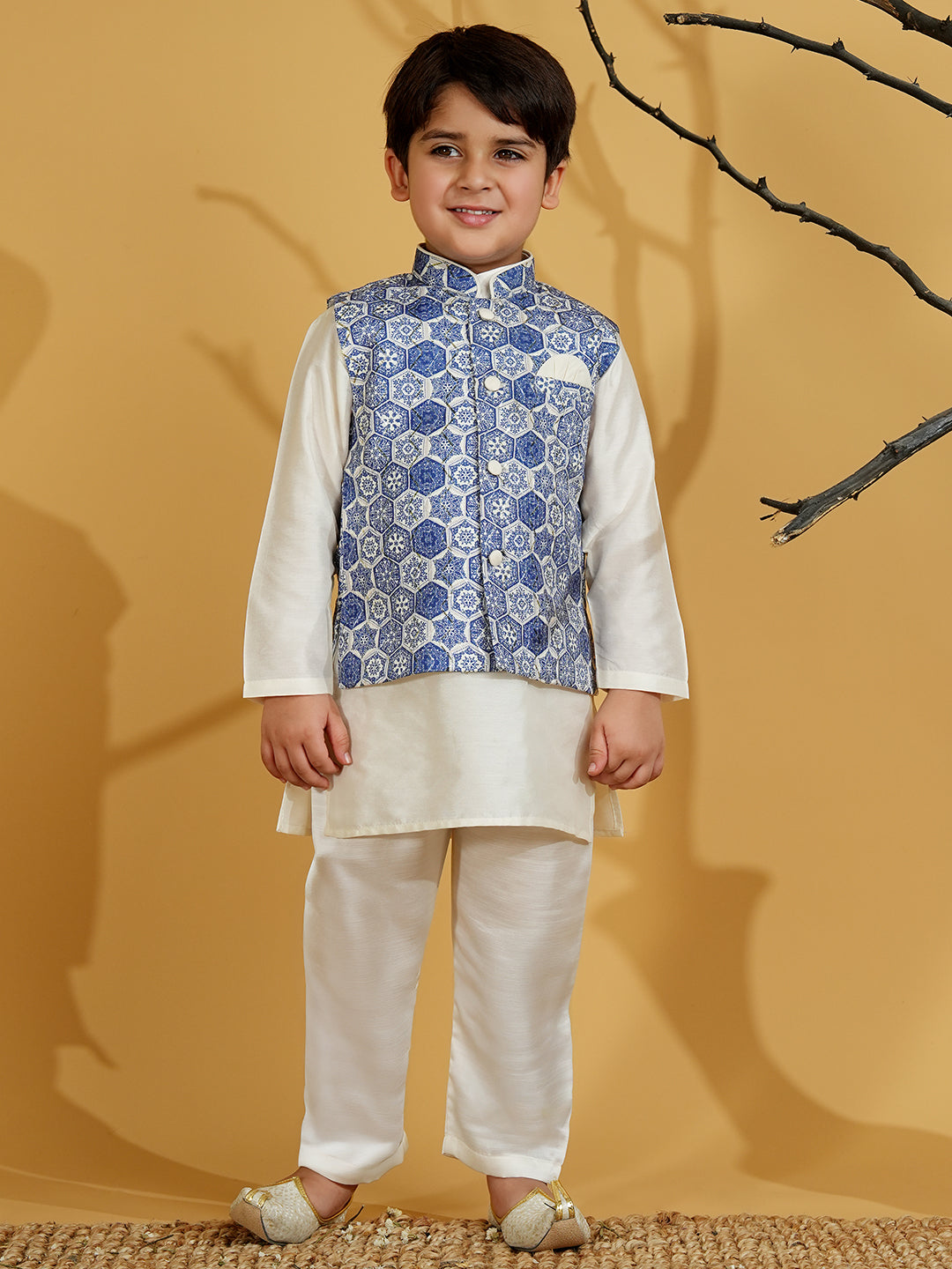 Blue Silk Blend Full Sleeves Printed Kurta Pyjama WaistCoat Set - AJ Dezines