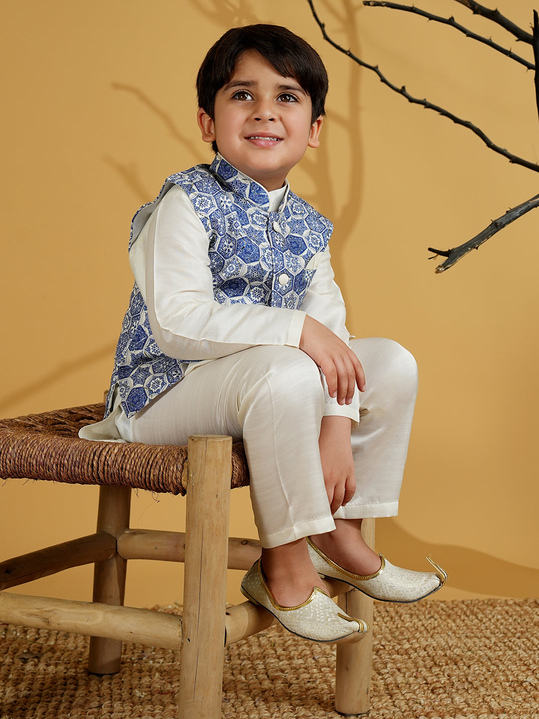Blue Silk Blend Full Sleeves Printed Kurta Pyjama WaistCoat Set - AJ Dezines
