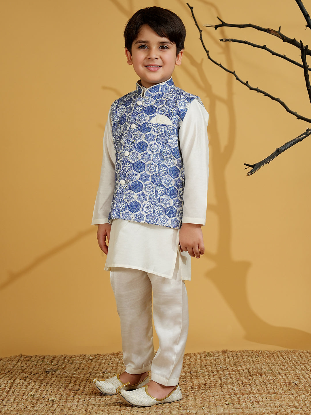 Blue Silk Blend Full Sleeves Printed Kurta Pyjama WaistCoat Set - AJ Dezines