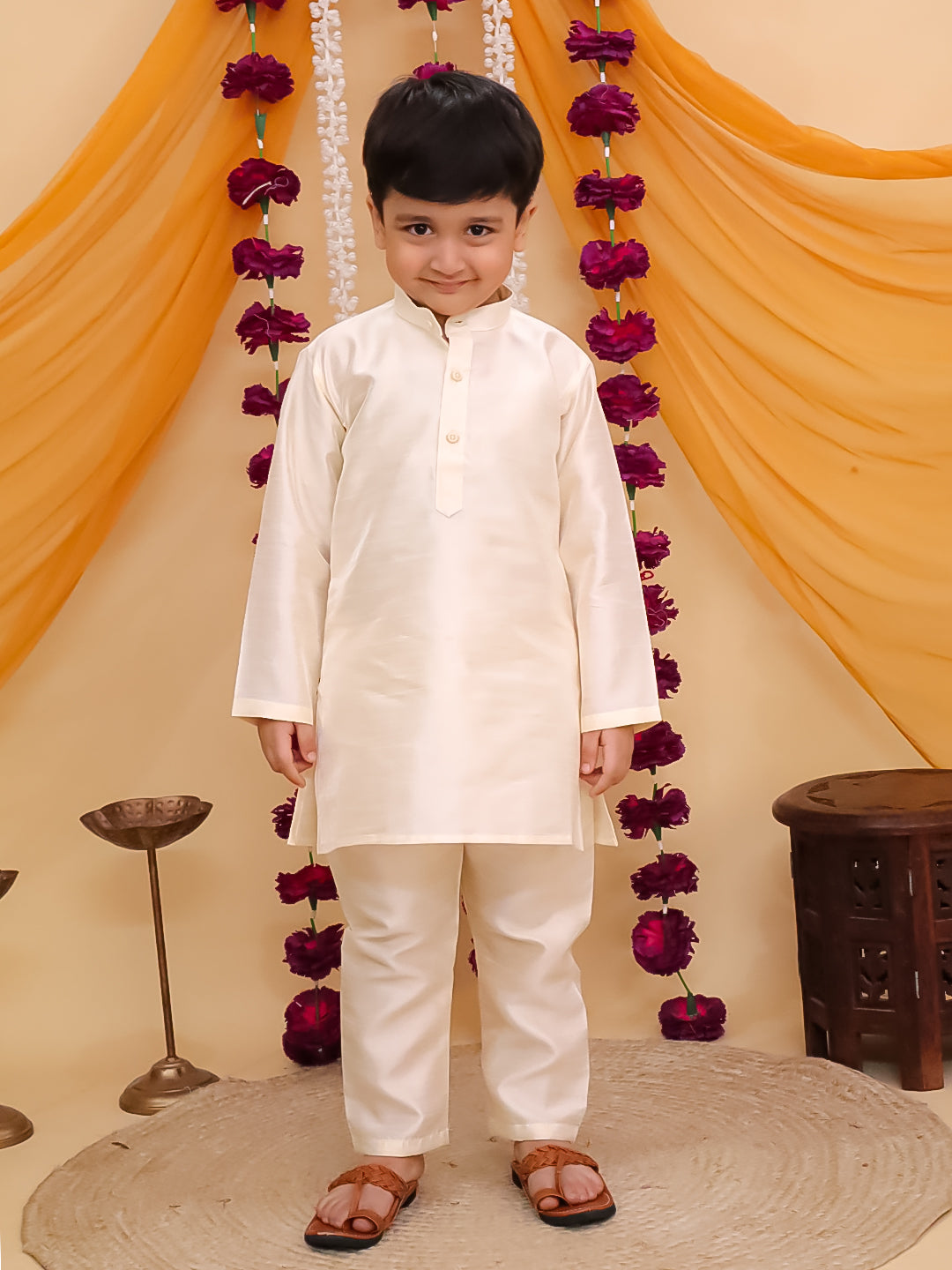 Pink Brocade Full sleeves Small Motif Kurta Pyjama Waistcoat for Boys