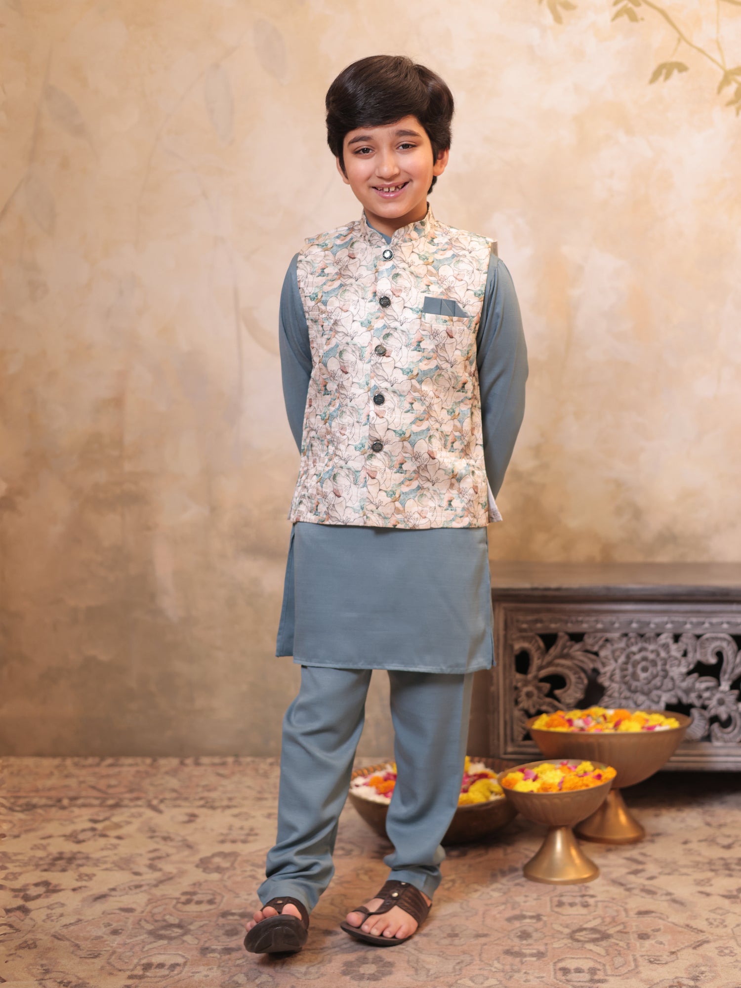 Boys Grey Cotton Blend Kurta Pyjama with Full Sleeves & Floral Print Waistcoat