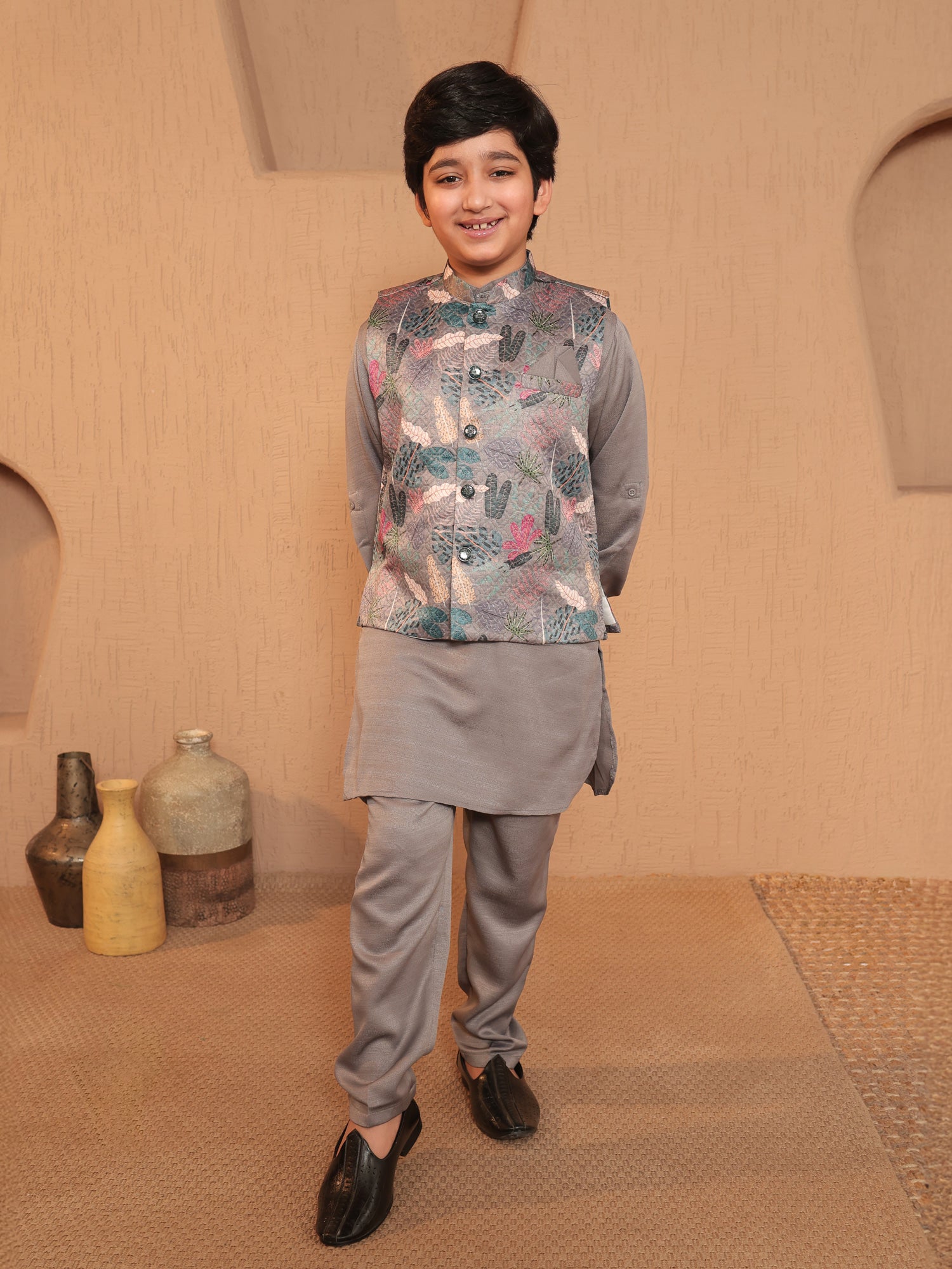Boys Grey Cotton Blend Kurta Pyjama with Full Sleeves & Floral Print Waistcoat