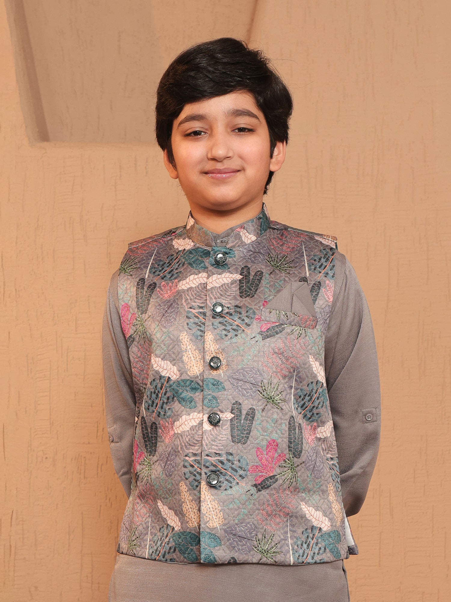 Boys Grey Cotton Blend Kurta Pyjama with Full Sleeves & Floral Print Waistcoat