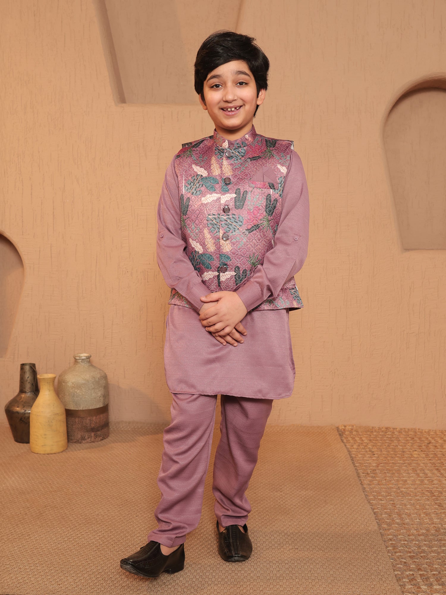 Boys Pink Cotton Blend Kurta Pyjama with Full Sleeves & Floral Print Waistcoat