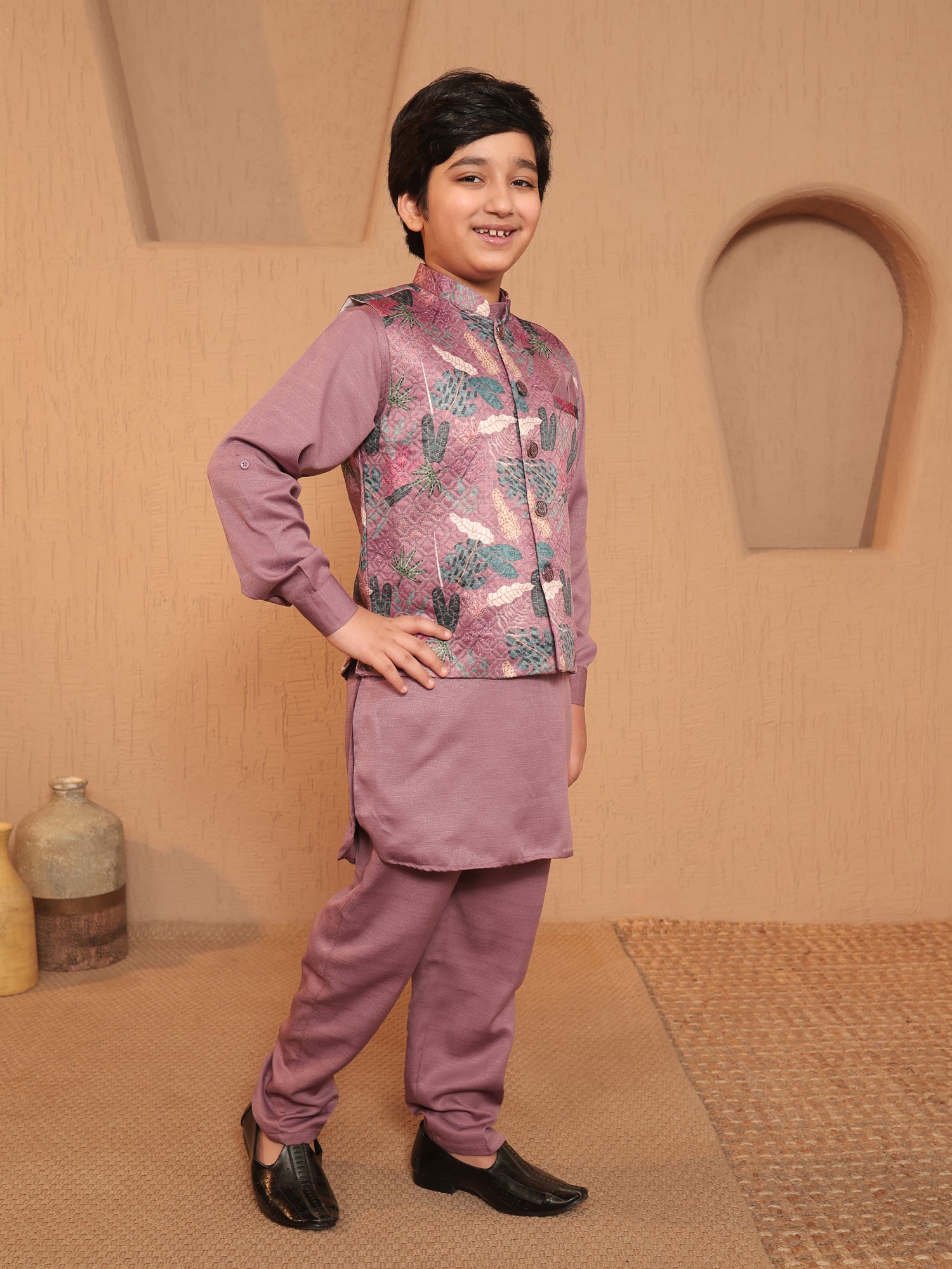Boys Pink Cotton Blend Kurta Pyjama with Full Sleeves & Floral Print Waistcoat