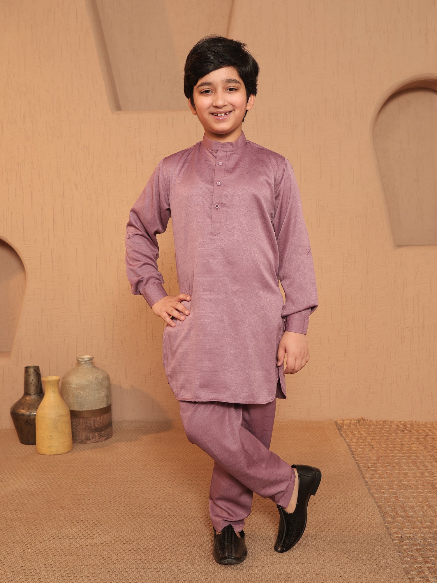 Boys Pink Cotton Blend Kurta Pyjama with Full Sleeves & Floral Print Waistcoat