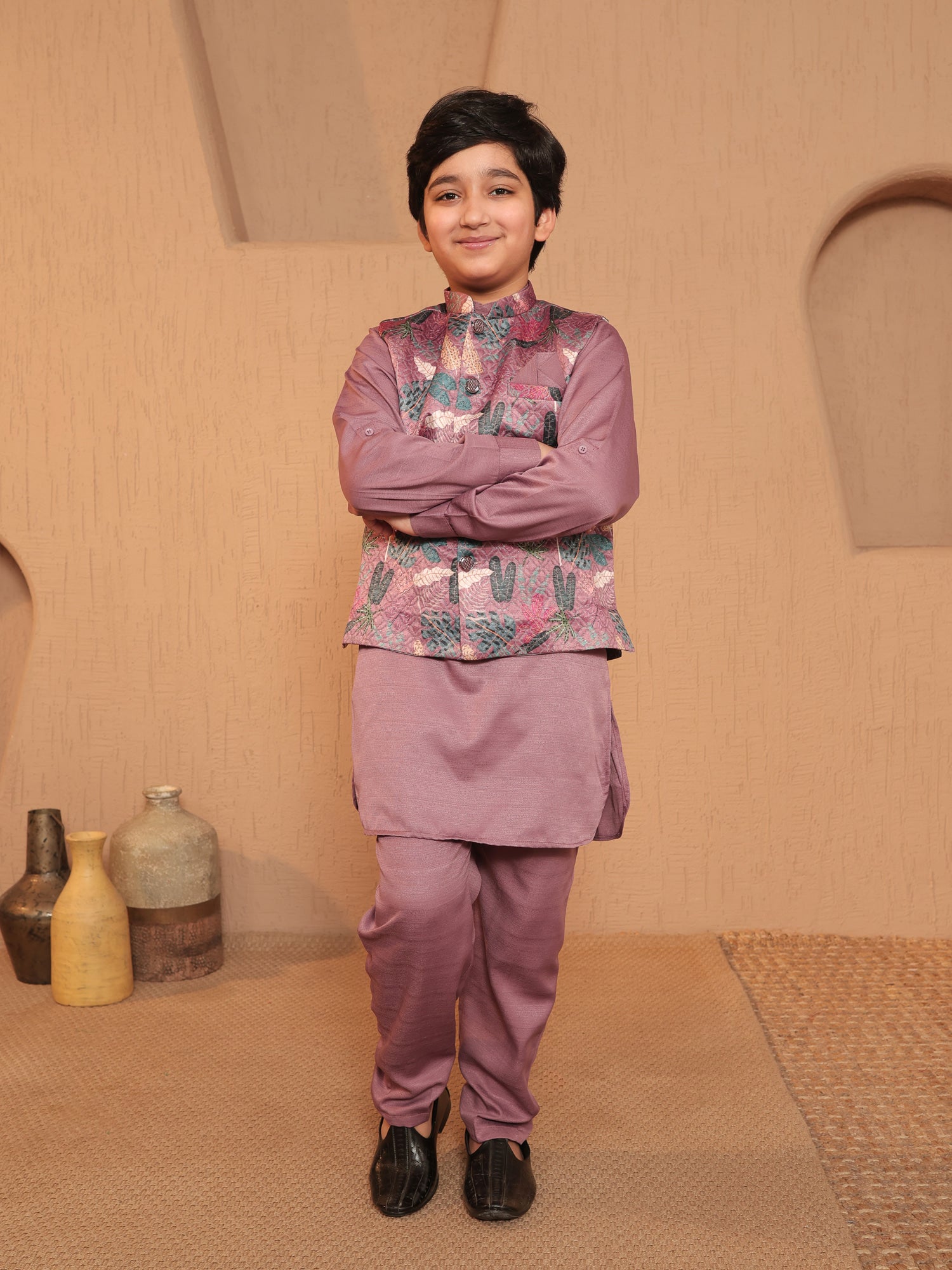 Boys Pink Cotton Blend Kurta Pyjama with Full Sleeves & Floral Print Waistcoat