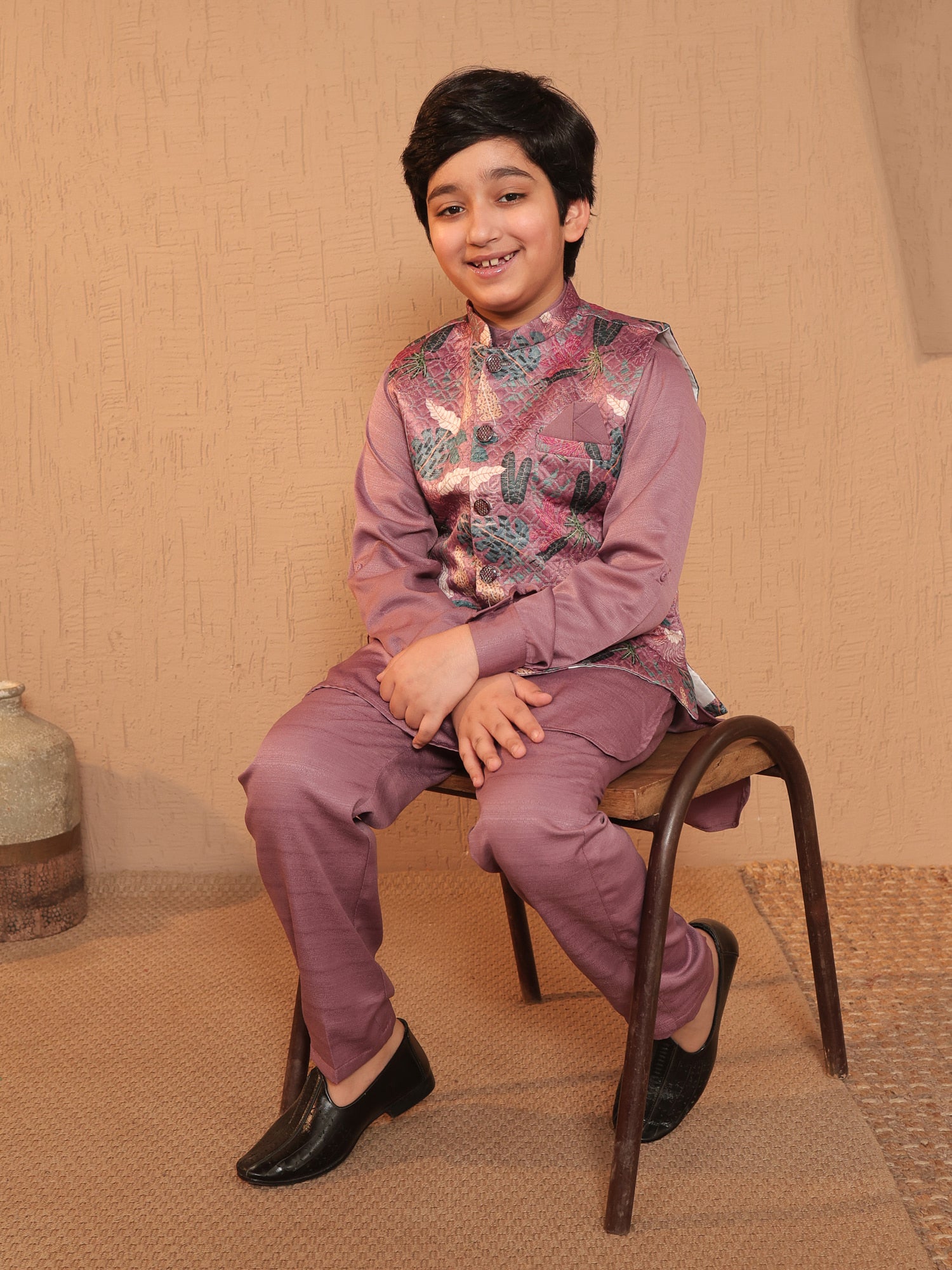 Boys Pink Cotton Blend Kurta Pyjama with Full Sleeves & Floral Print Waistcoat