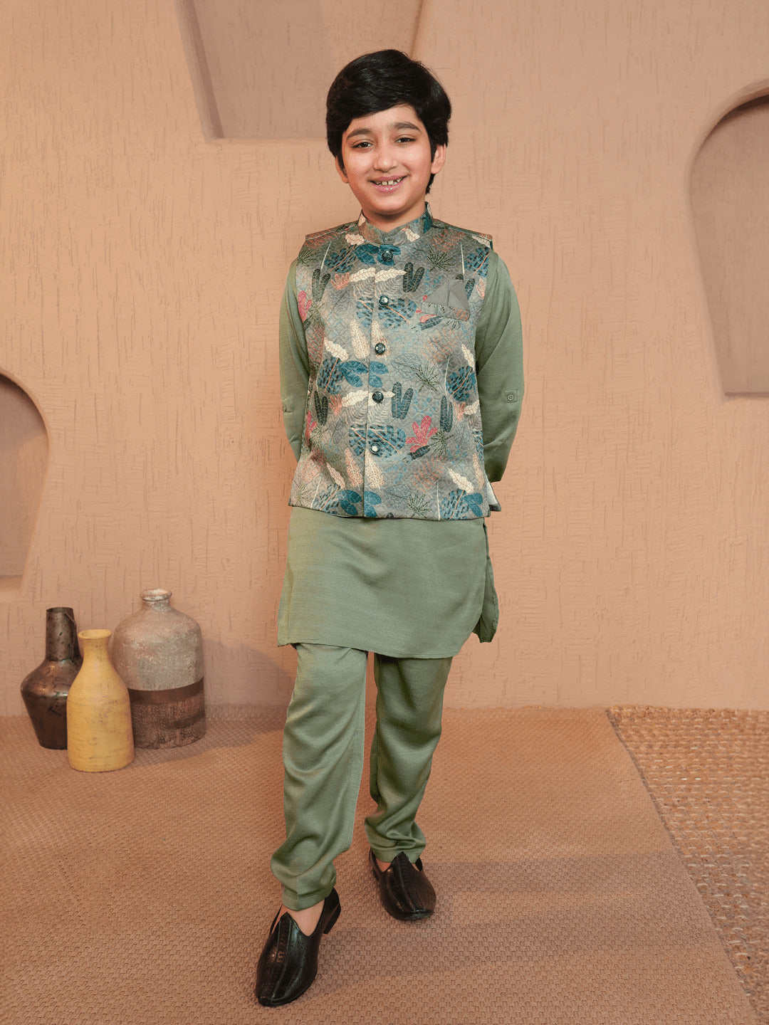 Pista Cotton Blend Full Sleeves Floral Printed Kurta Pyjama with Waistcoat for Boys