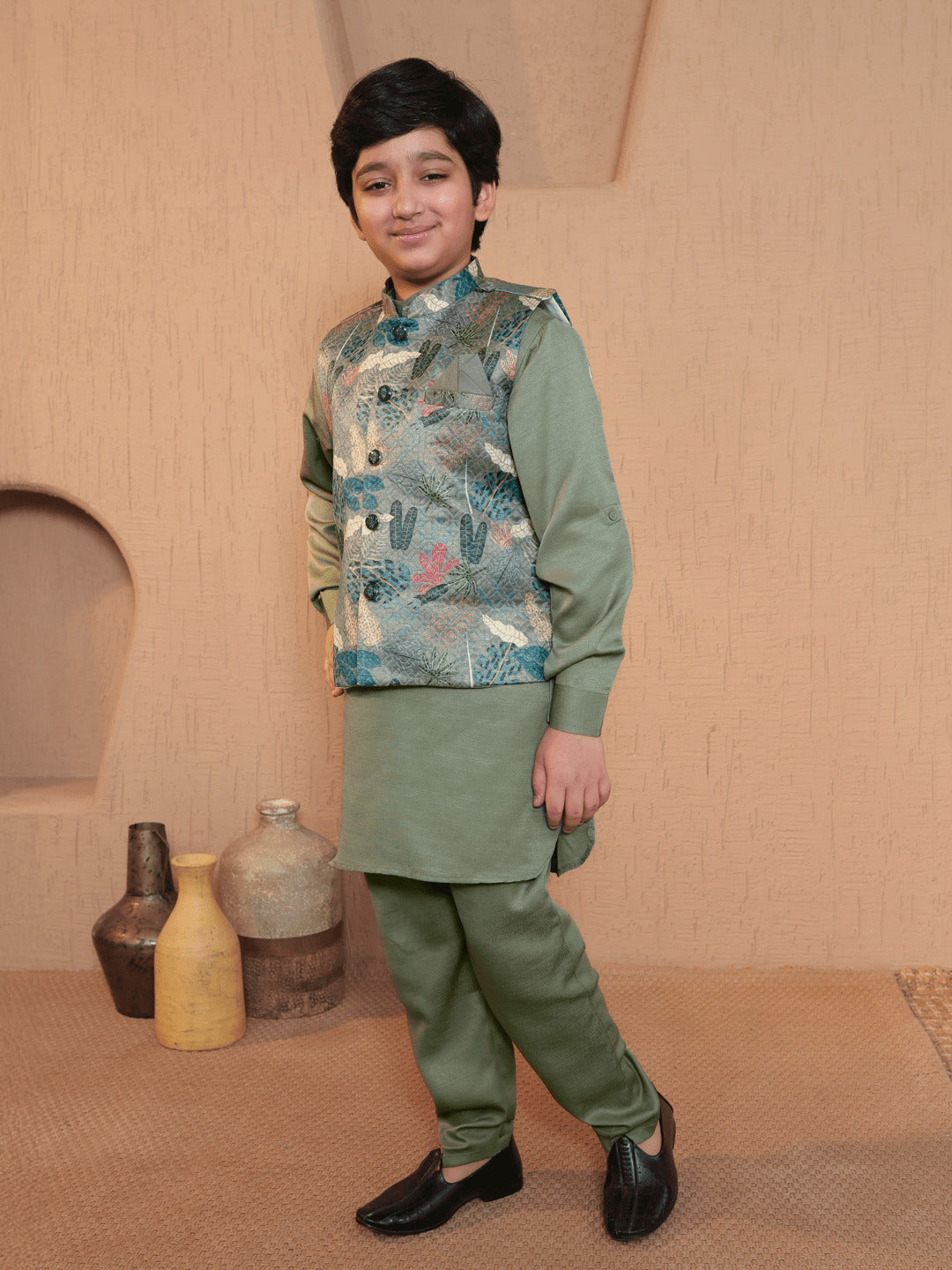 Pista Cotton Blend Full Sleeves Floral Printed Kurta Pyjama with Waistcoat for Boys