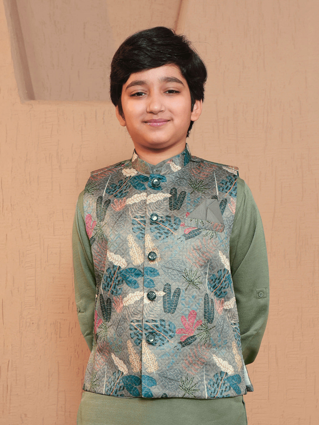 Pista Cotton Blend Full Sleeves Floral Printed Kurta Pyjama with Waistcoat for Boys