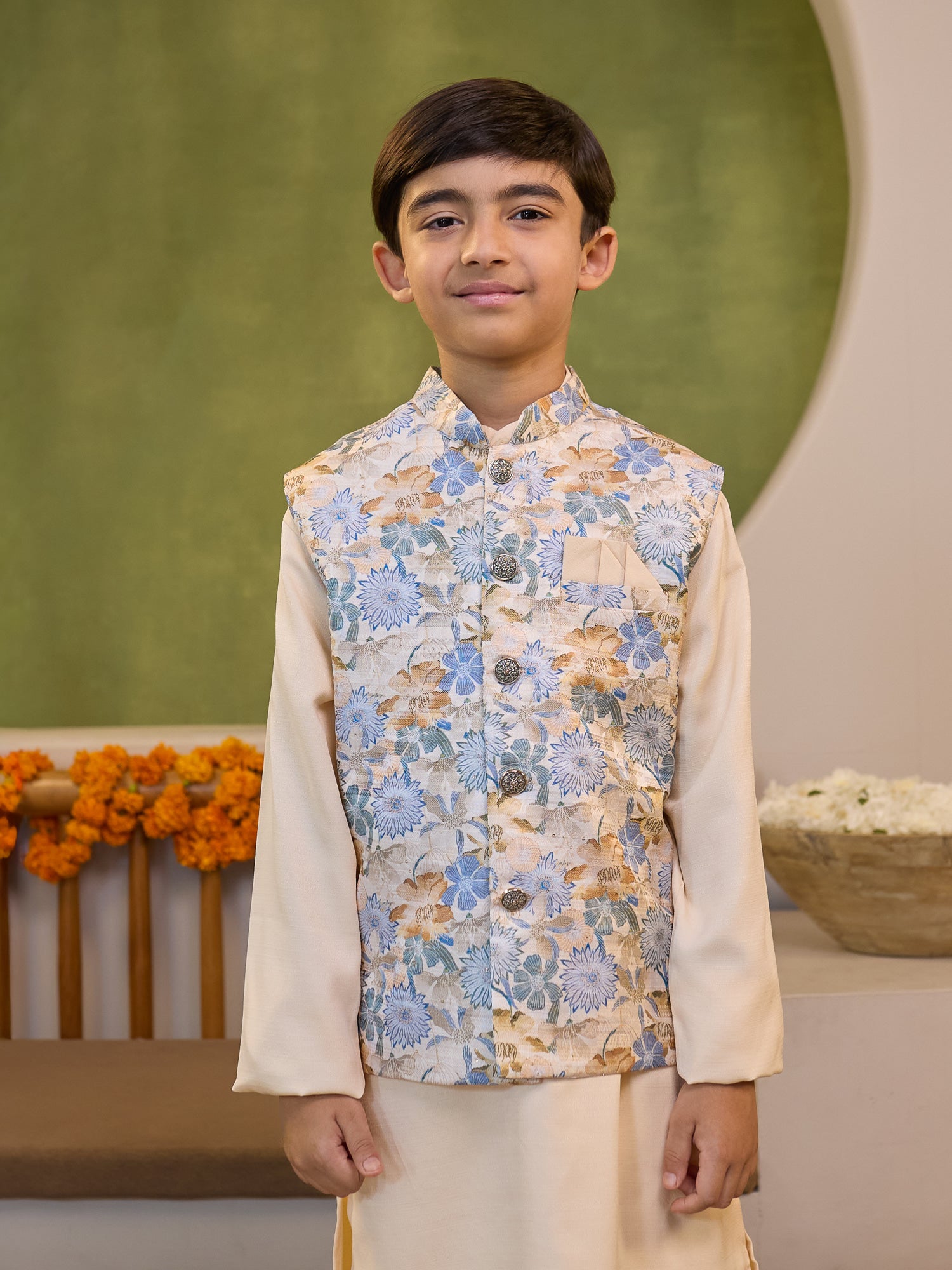 Boys Cream Cotton Blend Kurta Pyjama with Full Sleeves & Floral Print Waistcoat