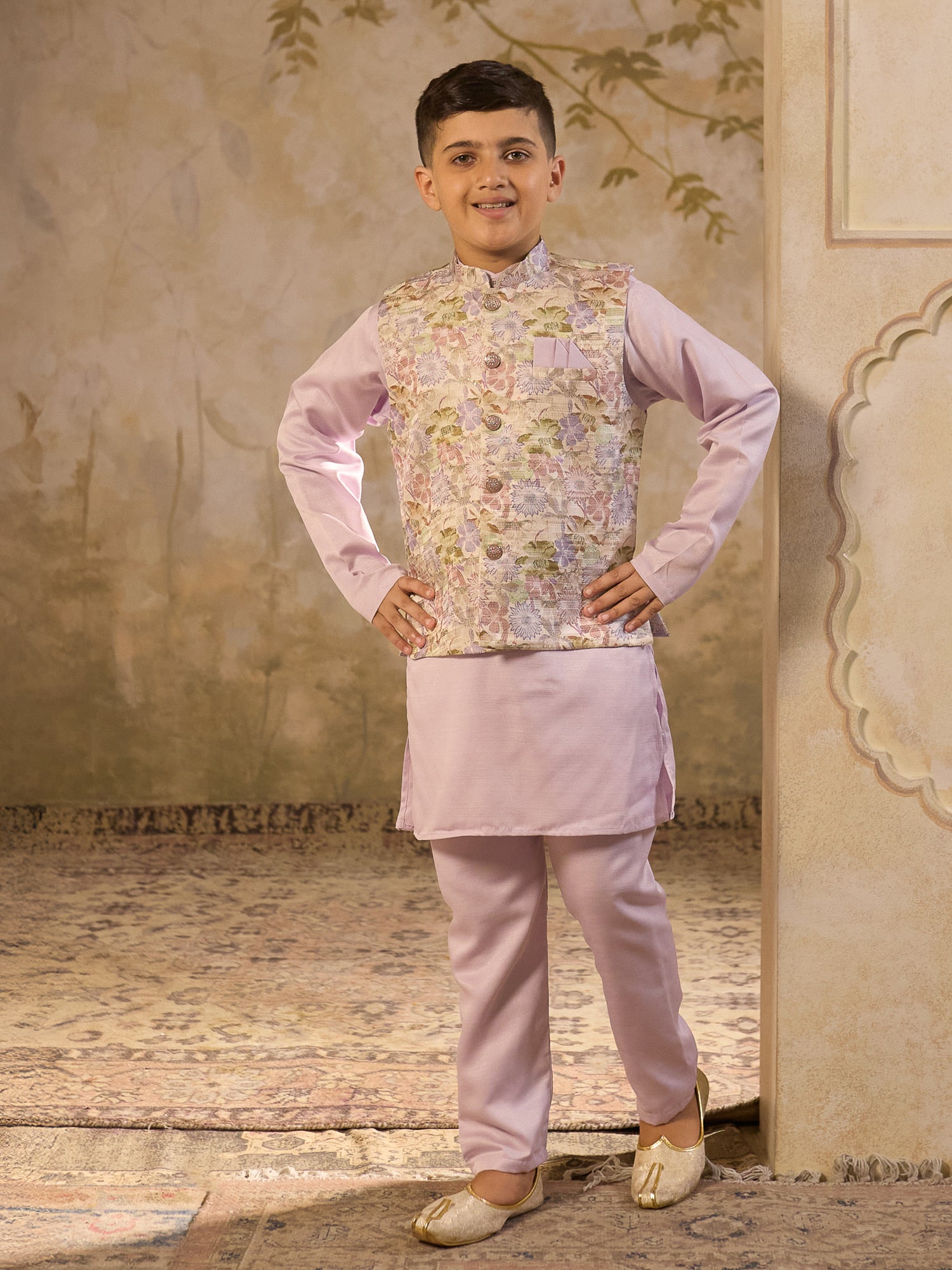 Boys Purple Cotton Blend Kurta Pyjama with Full Sleeves & Floral Print Waistcoat