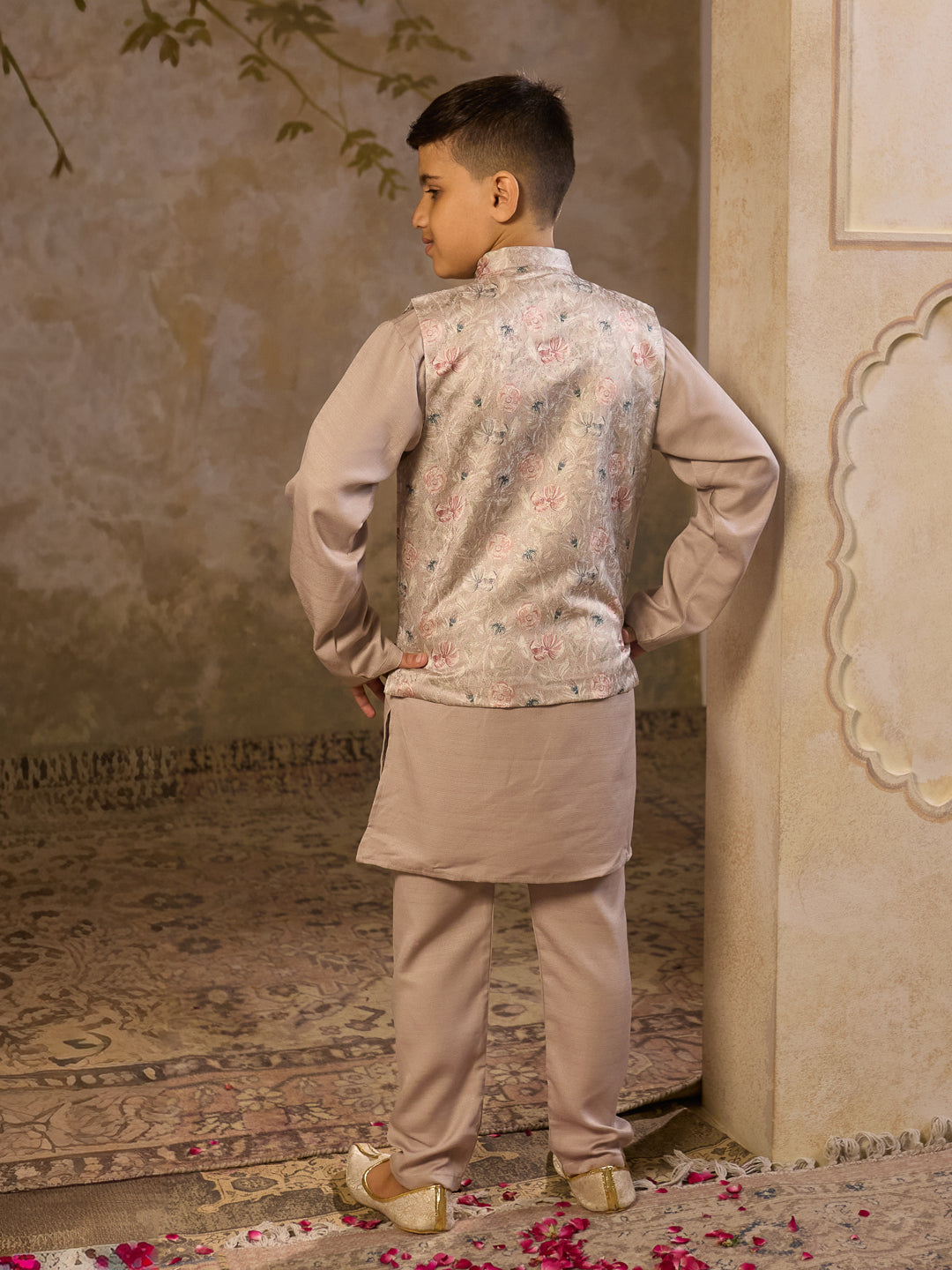 Beige Cotton Blend Full Sleeves Floral Printed Kurta Pyjama with Waistcoat for Boys