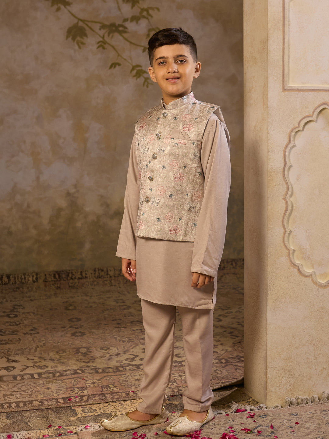 Beige Cotton Blend Full Sleeves Floral Printed Kurta Pyjama with Waistcoat for Boys