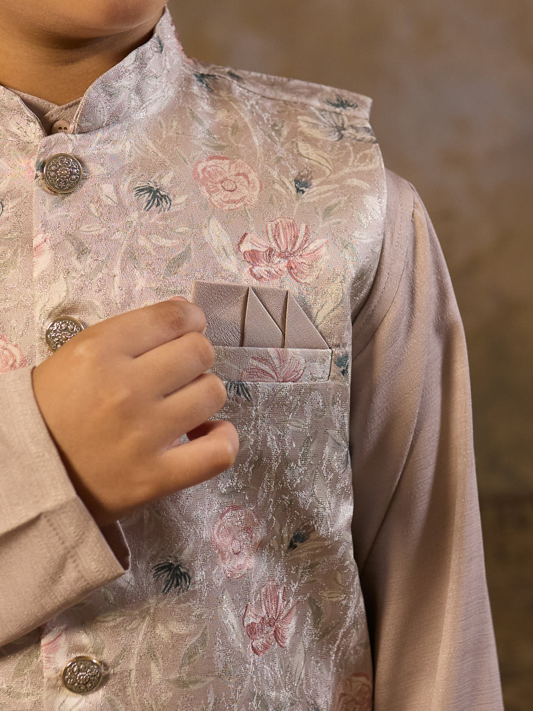 Beige Cotton Blend Full Sleeves Floral Printed Kurta Pyjama with Waistcoat for Boys
