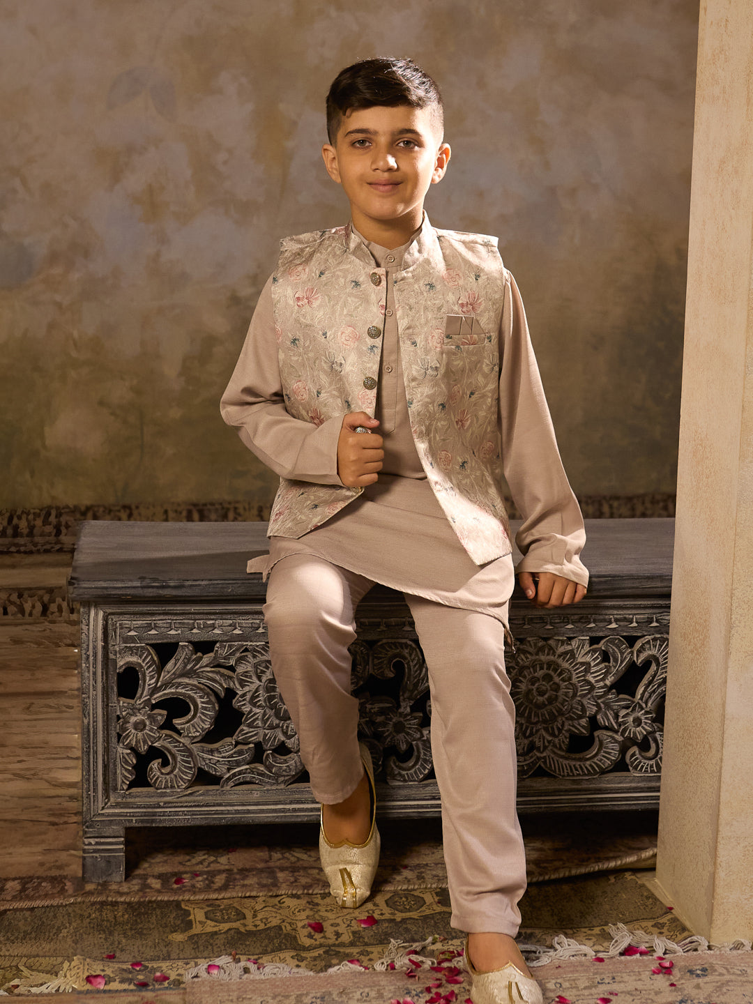 Beige Cotton Blend Full Sleeves Floral Printed Kurta Pyjama with Waistcoat for Boys
