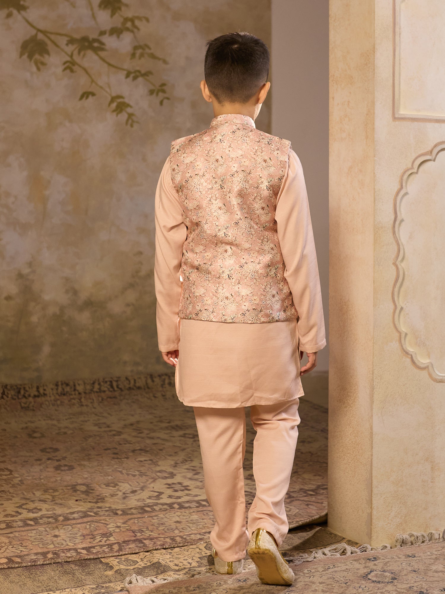 Boys Beige Cotton Blend Kurta Pyjama with Full Sleeves & Floral Print Waistcoat