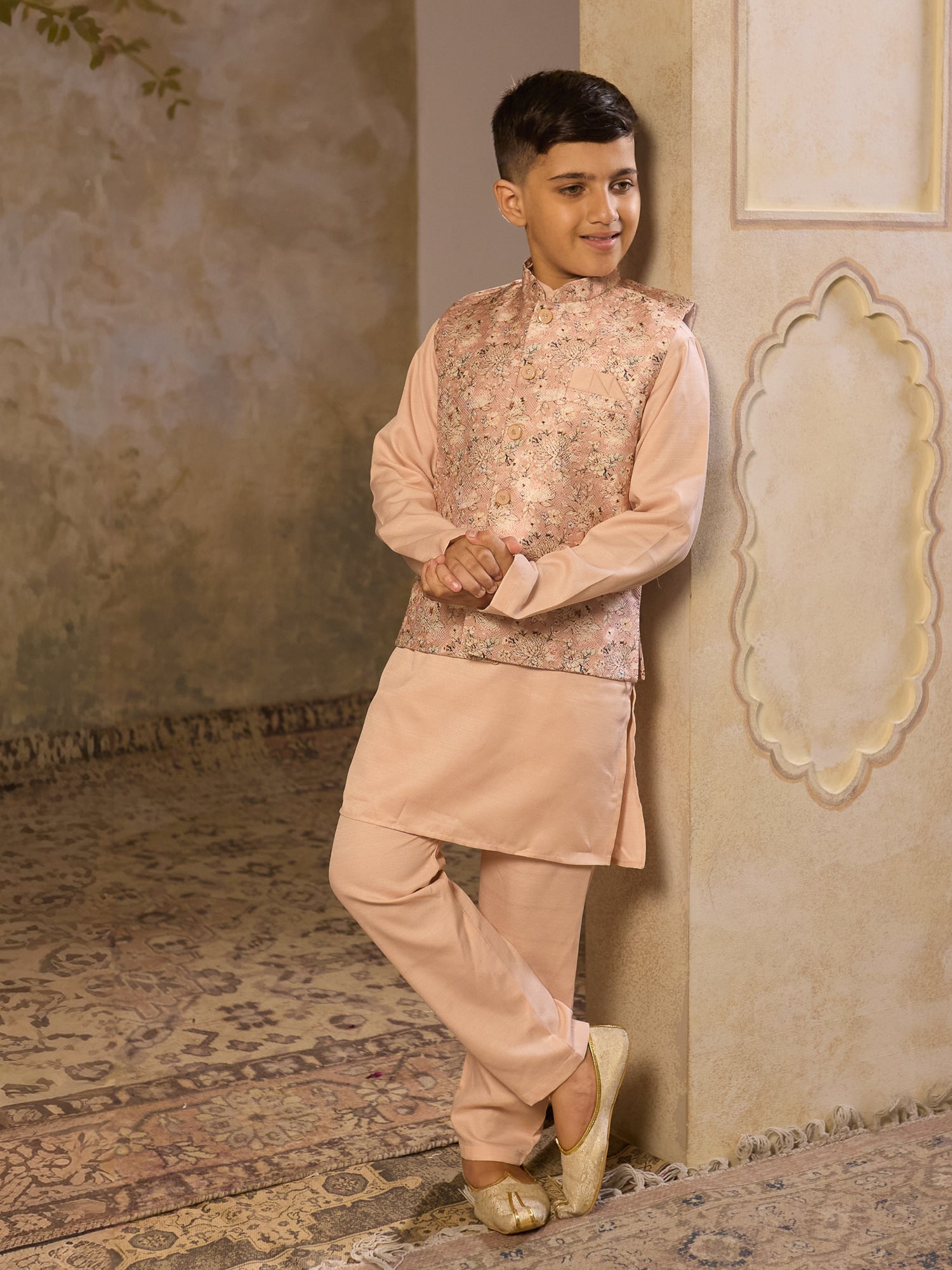 Boys Beige Cotton Blend Kurta Pyjama with Full Sleeves & Floral Print Waistcoat