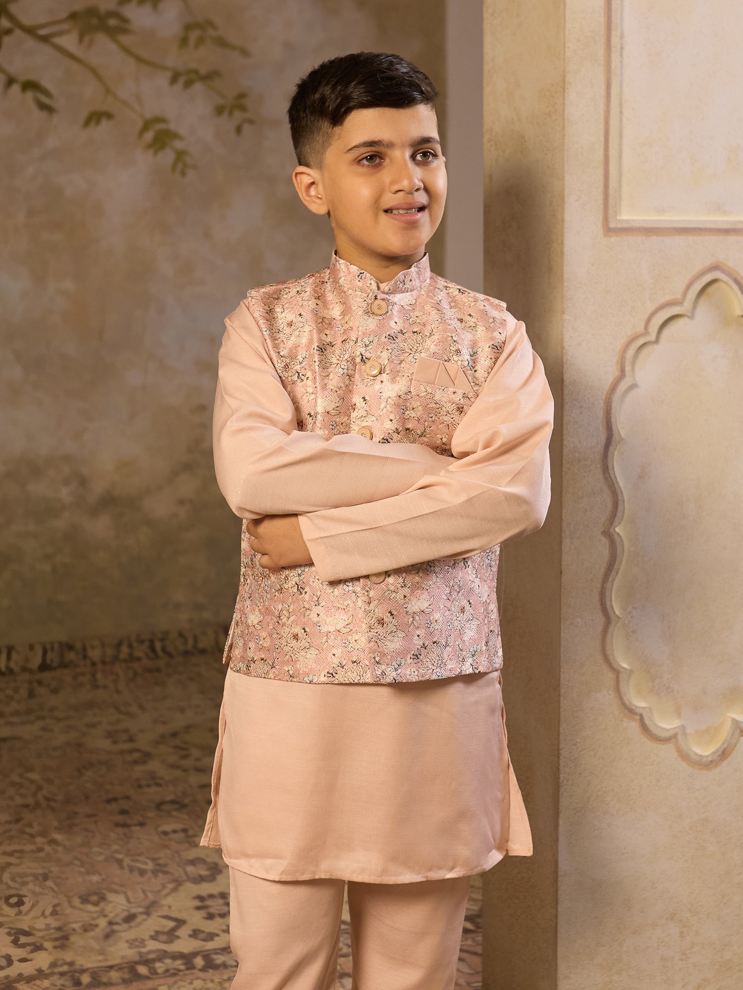 Boys Beige Cotton Blend Kurta Pyjama with Full Sleeves & Floral Print Waistcoat