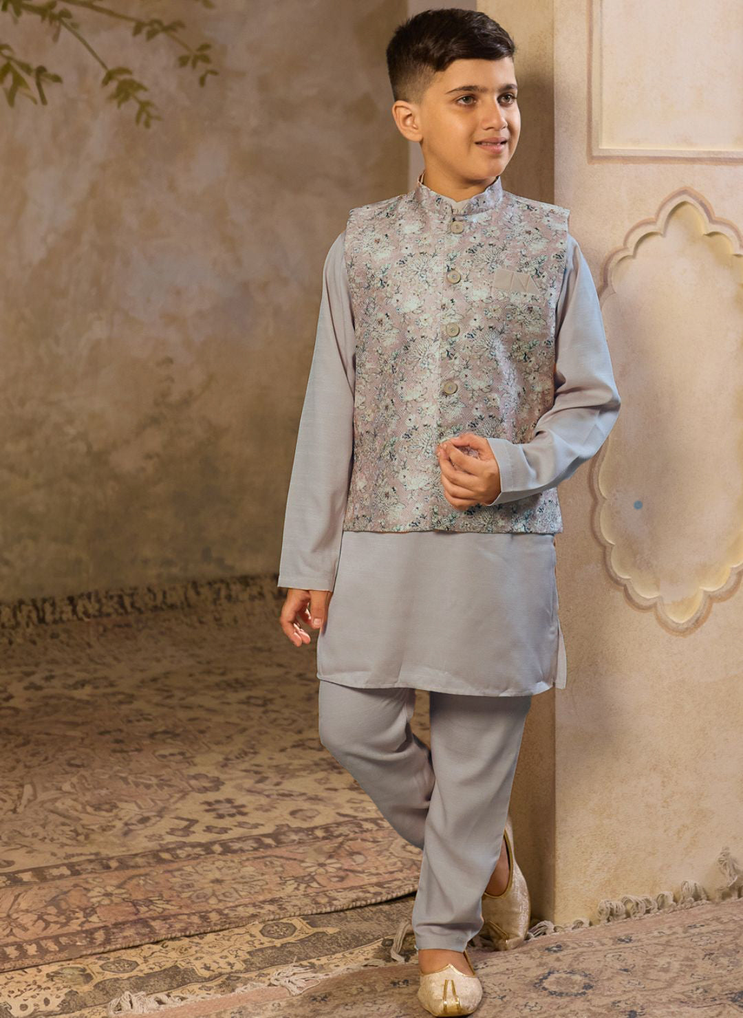 Grey Cotton Blend Full Sleeves Floral Printed Kurta Pyjama with Waistcoat for Boys