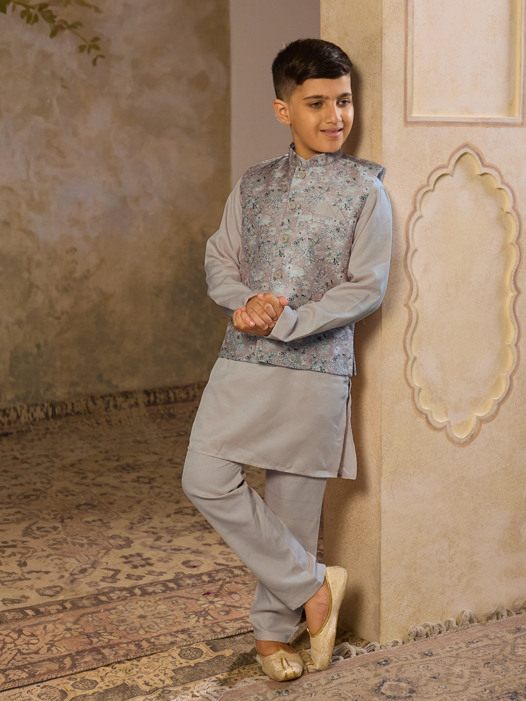 Grey Cotton Blend Full Sleeves Floral Printed Kurta Pyjama with Waistcoat for Boys