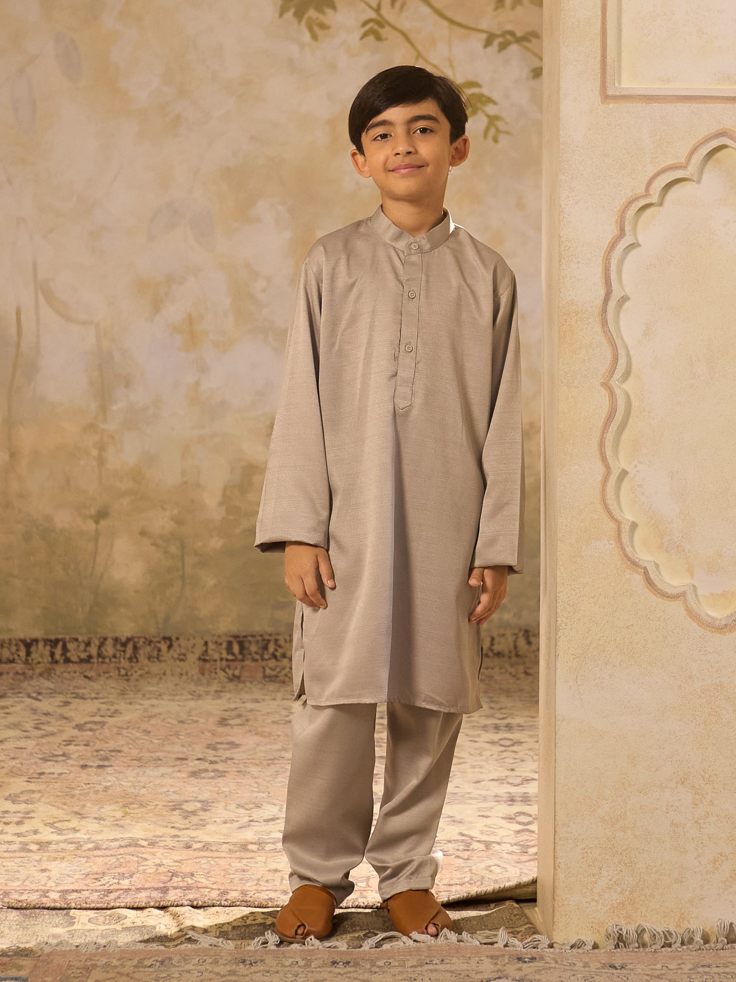 Boys Grey Cotton Blend Kurta Pyjama with Full Sleeves & Floral Print Waistcoat