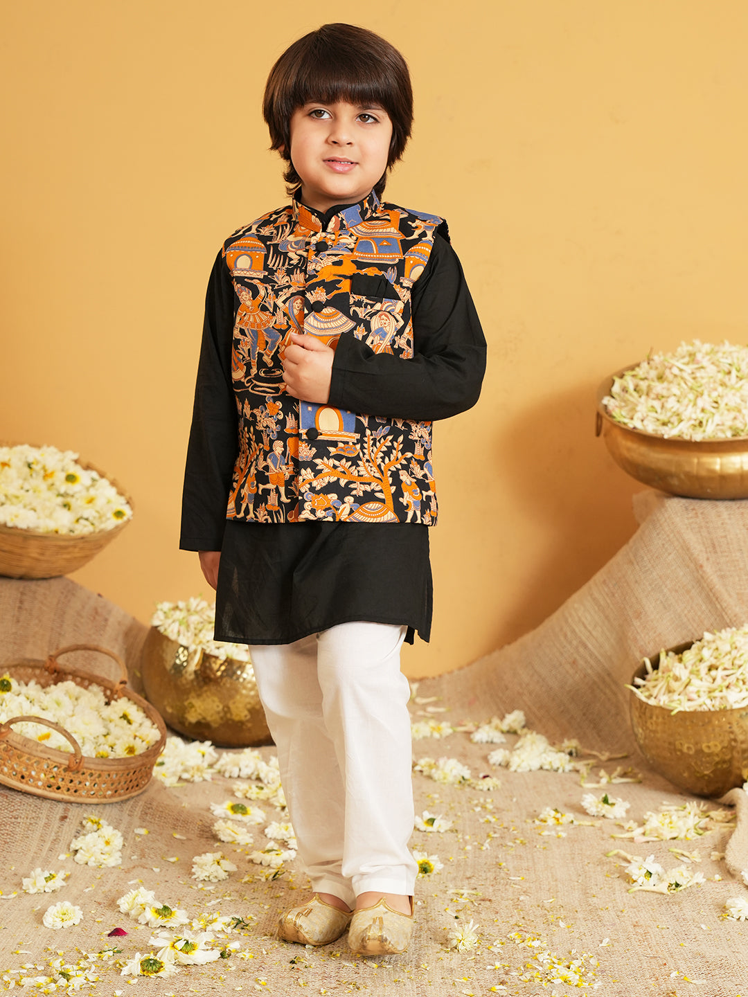 Black Printed Pure Cotton Full Sleeve Kurta Pyjama With Waist Coat Set For Kids Boy