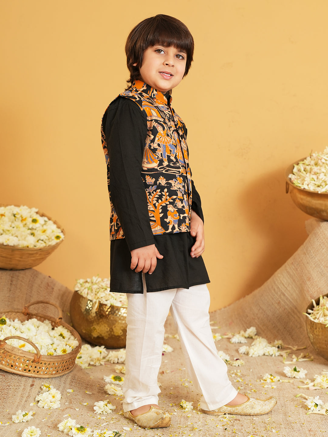 Black Printed Pure Cotton Full Sleeve Kurta Pyjama With Waist Coat Set For Kids Boy