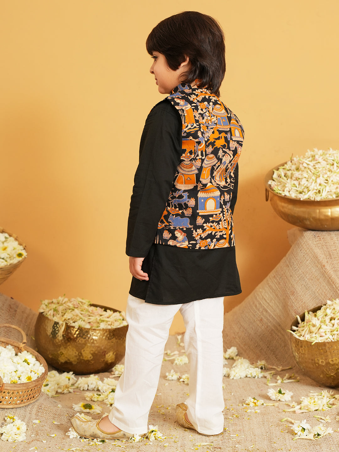 Black Printed Pure Cotton Full Sleeve Kurta Pyjama With Waist Coat Set For Kids Boy