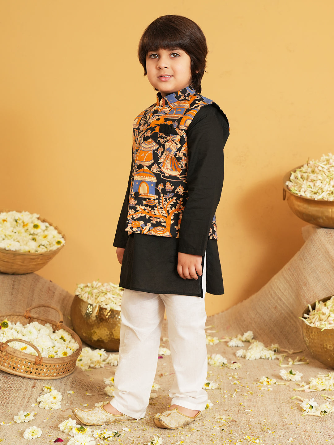 Black Printed Pure Cotton Full Sleeve Kurta Pyjama With Waist Coat Set For Kids Boy