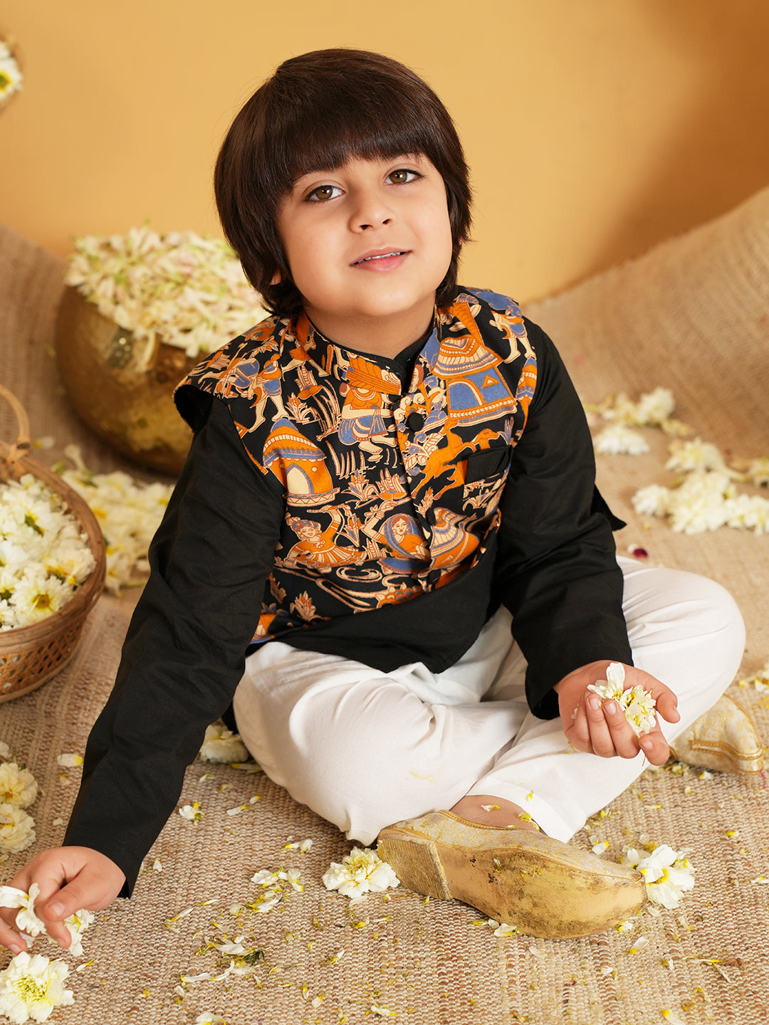Black Printed Pure Cotton Full Sleeve Kurta Pyjama With Waist Coat Set For Kids Boy