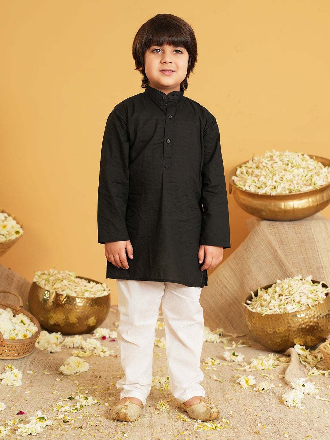 Black Printed Pure Cotton Full Sleeve Kurta Pyjama With Waist Coat Set For Kids Boy