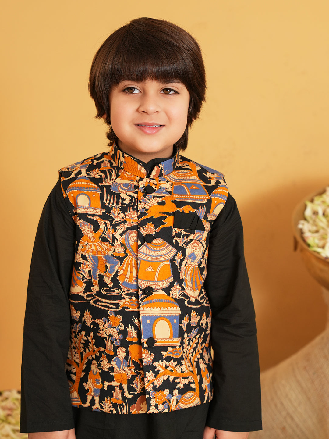 Black Printed Pure Cotton Full Sleeve Kurta Pyjama With Waist Coat Set For Kids Boy