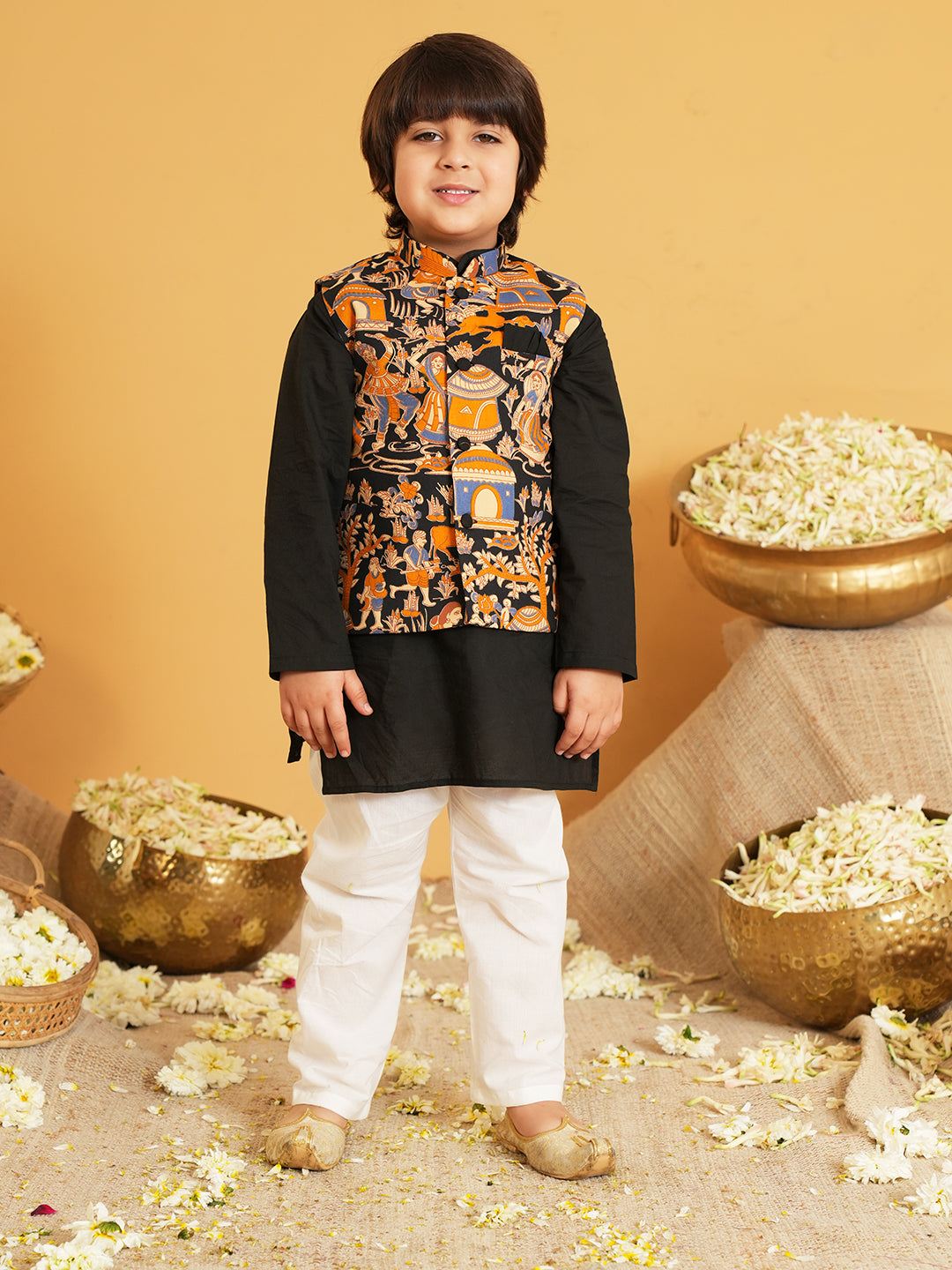 Black Printed Pure Cotton Full Sleeve Kurta Pyjama With Waist Coat Set For Kids Boy