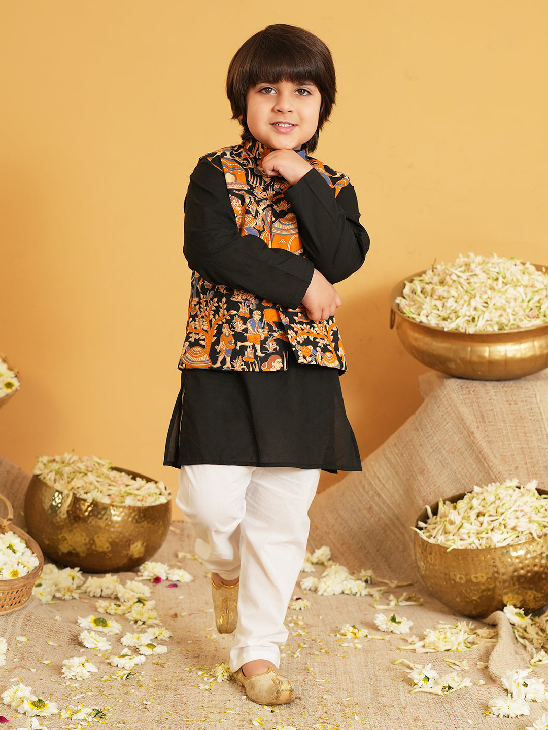 Black Printed Pure Cotton Full Sleeve Kurta Pyjama With Waist Coat Set For Kids Boy