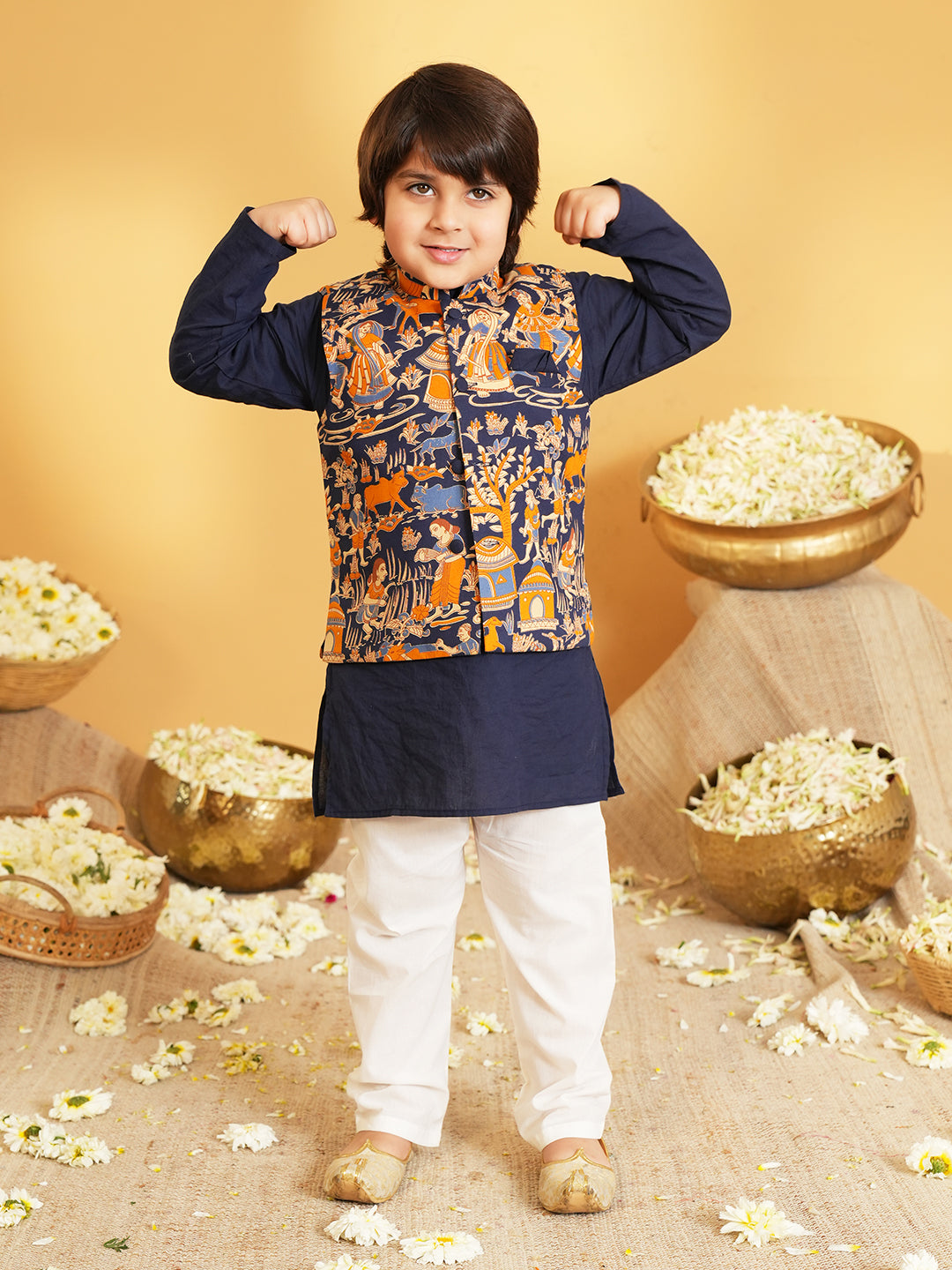 Navy-blue Printed Pure Cotton Kurta Pyjama Waist Coat Set For Boys
