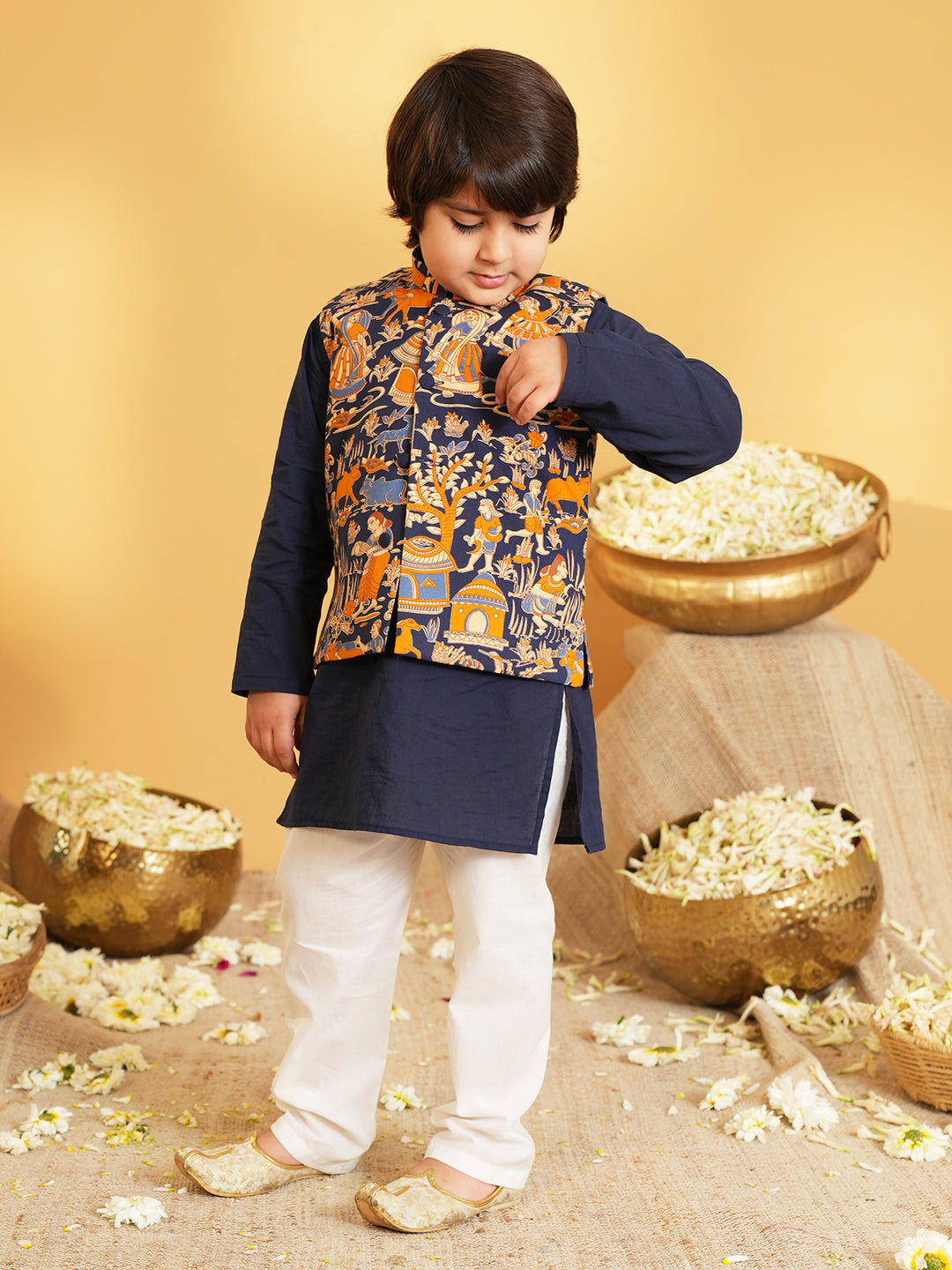 Navy-blue Printed Pure Cotton Kurta Pyjama Waist Coat Set For Boys