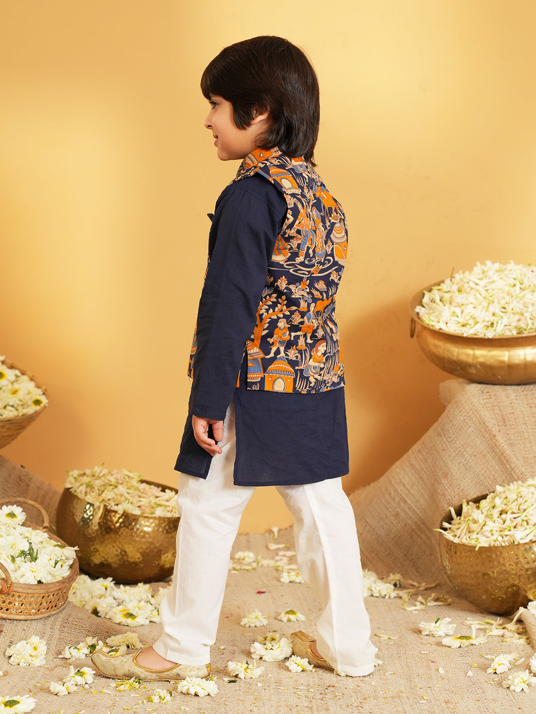 Navy-blue Printed Pure Cotton Kurta Pyjama Waist Coat Set For Boys