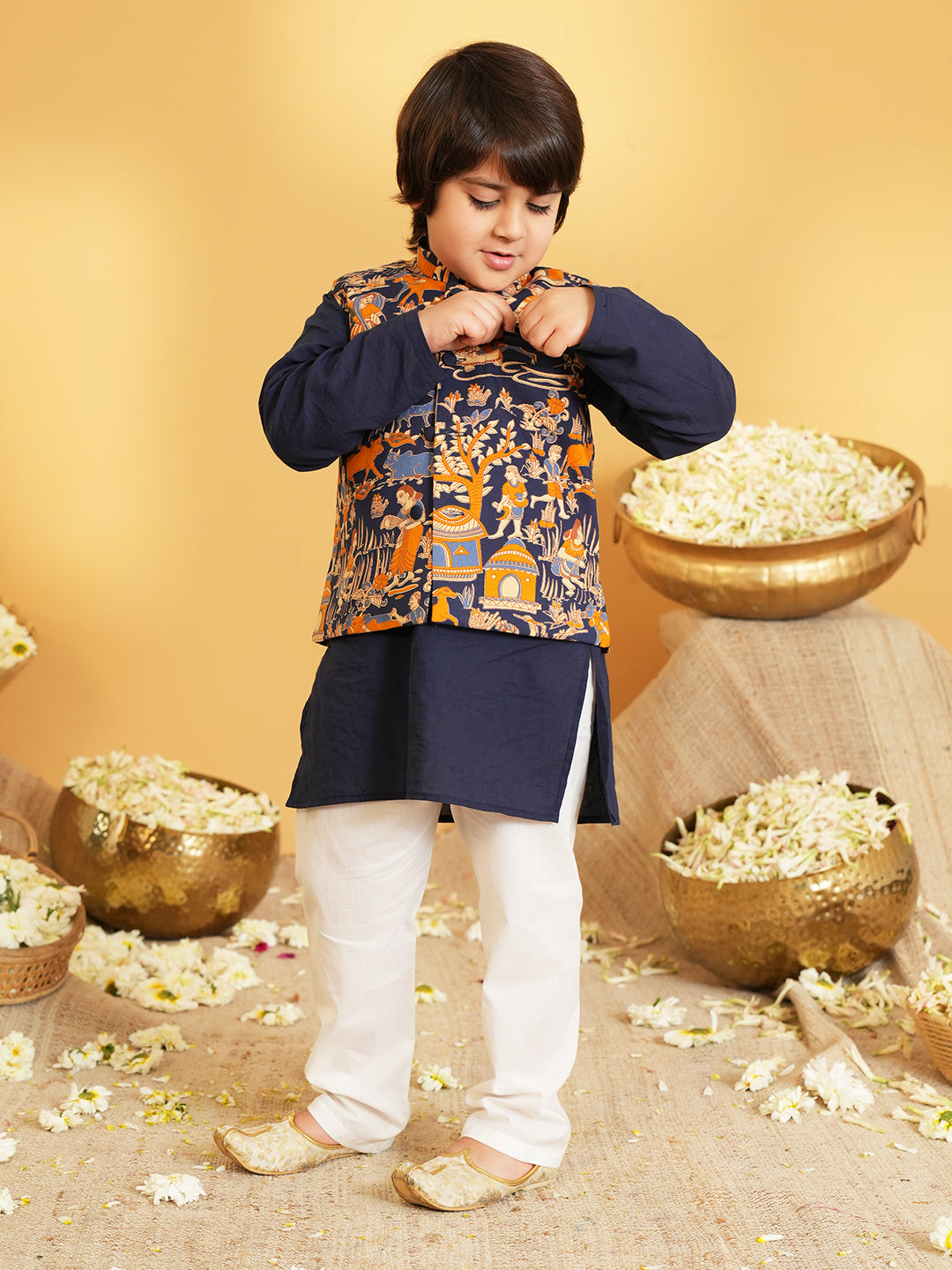 Navy-blue Printed Pure Cotton Kurta Pyjama Waist Coat Set For Boys