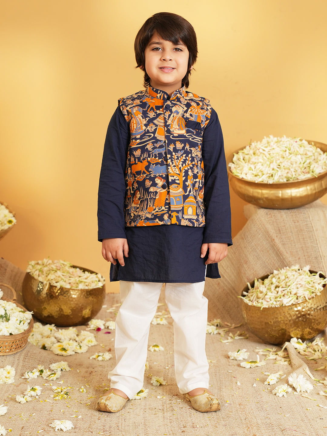 Navy-blue Printed Pure Cotton Kurta Pyjama Waist Coat Set For Boys