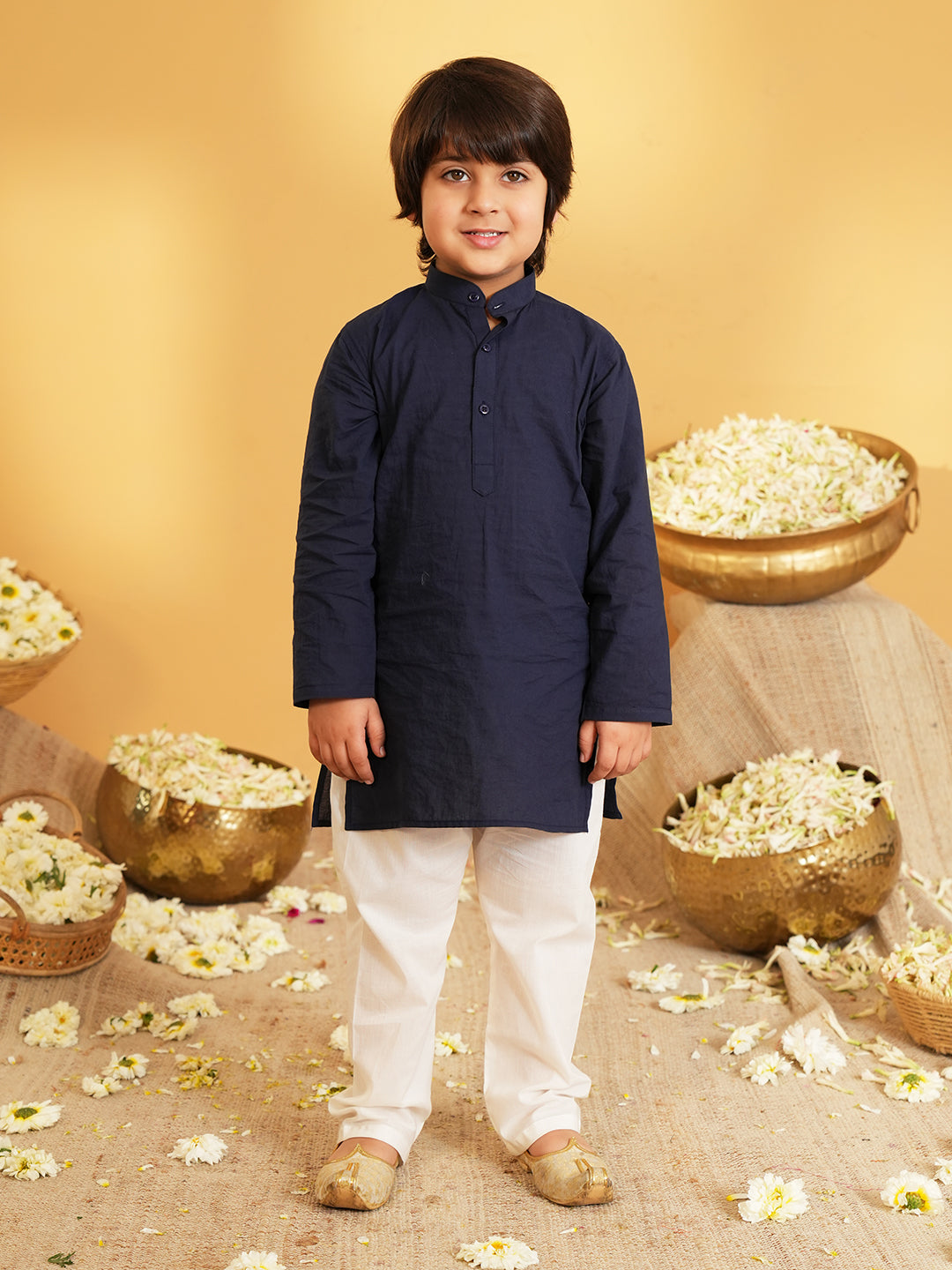 Navy-blue Printed Pure Cotton Kurta Pyjama Waist Coat Set For Boys